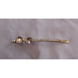 Elegant Gold Tone & Crystal Bow Hair Bobby Pin With Pink Gemstone Accents